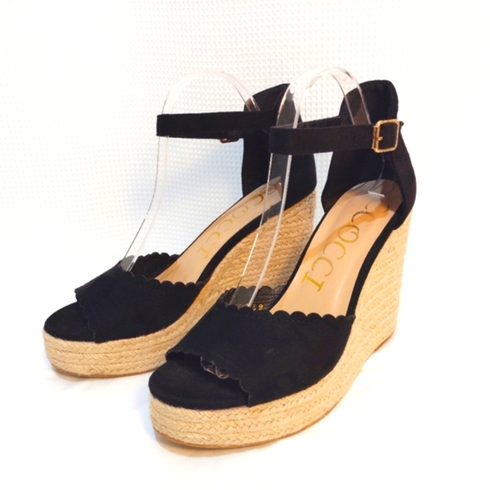 CCOCCI Jessie Espadrilles Wedge Sandal Black Suede w/ Ankle Buckle Strap - Picture 3 of 14